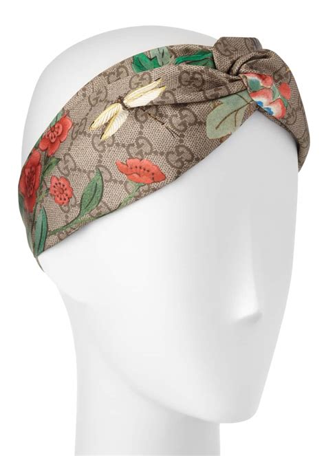 gucci tiana floral logo silk headband light brown|Gucci print silk neck bow.